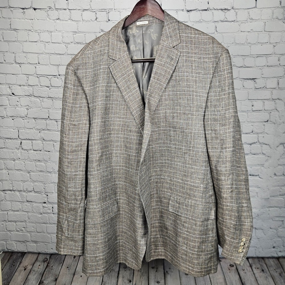 Joseph Abboud Heritage 52R Blazer100% Linen Nova Fides Italian Fabric Plaid Grey